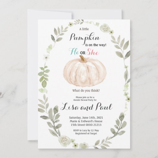 秋のカボチャHe/Heのジェンダーリビール招待状 招待状 (正面)