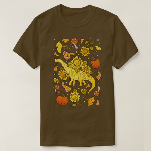 秋のカマラサウルス秋恐竜ひまわりアート Tシャツ (デザイン正面)