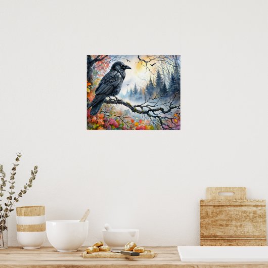 秋のカラスの水のカラーアート ポスター (キッチン)