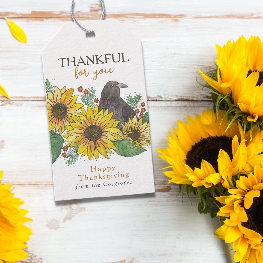 秋のカラスひまわり水彩感謝祭 ギフトタグ