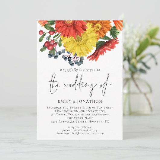 秋のカラフル花模様QRコード結婚式招待状 招待状 (スタンド正面)