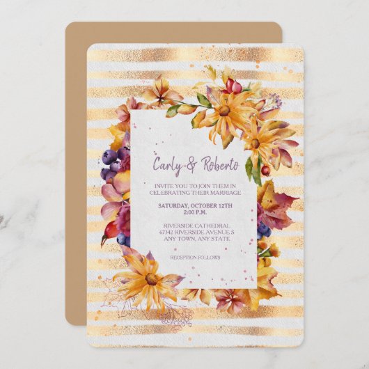 秋のガーデンフレームストライプ金ゴールド結婚ズ 招待状 (正面/裏面)