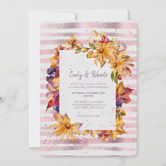 秋のガーデンフレームピンクストライプの結婚 招待状 (正面)