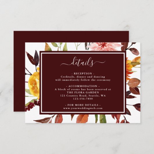 秋のガーデンブルゴーニュ水の色結婚の詳細 エンクロージャーカード (正面/裏面)