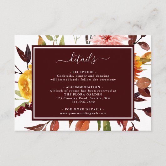 秋のガーデンブルゴーニュ水の色結婚の詳細 エンクロージャーカード (正面)