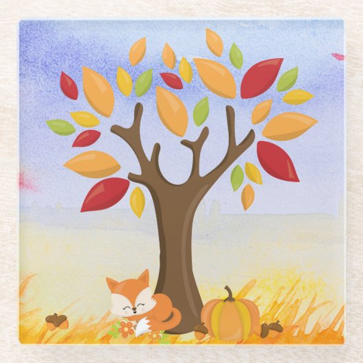 秋のキツネとカボチャ ガラスコースター (正面)
