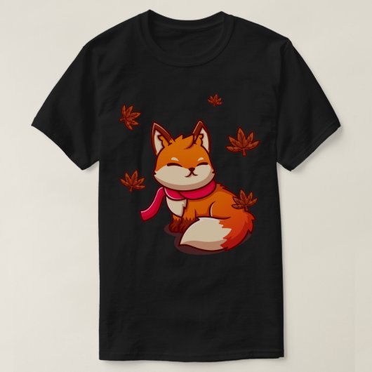 秋のキツネにスカーフを巻いて座る可愛い漫画 Tシャツ (デザイン正面)