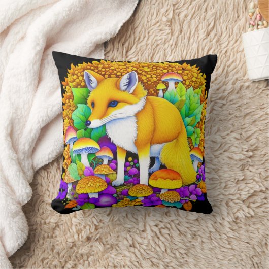 秋のキツネのキノコと紅葉 クッション (ブランケット)