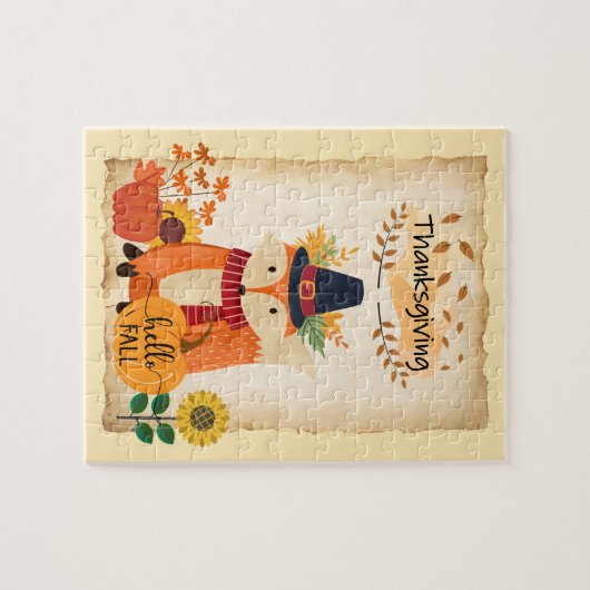 秋のキツネサンクスギビングのカボチャとサンフラワー ジグソーパズル (横)