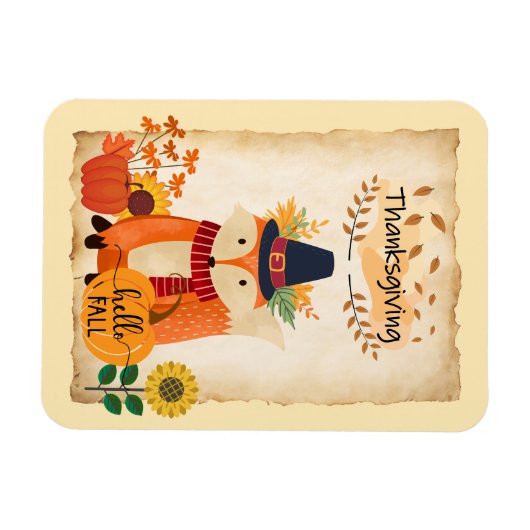 秋のキツネサンクスギビングのカボチャとサンフラワー マグネット (横)