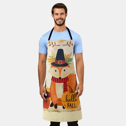 秋のキツネ感謝祭ひまわりカボチャ エプロン (着用した状態)