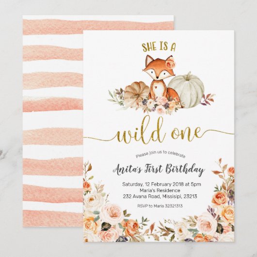 秋のキツネ 彼女は野生の子 誕生日招待状 招待状 (正面/裏面)
