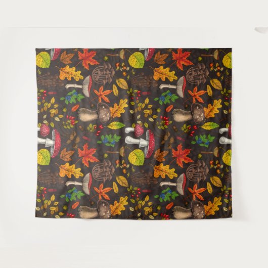 秋のキノコ葉や、木の実や果実が暗い日 タペストリー (正面(横))