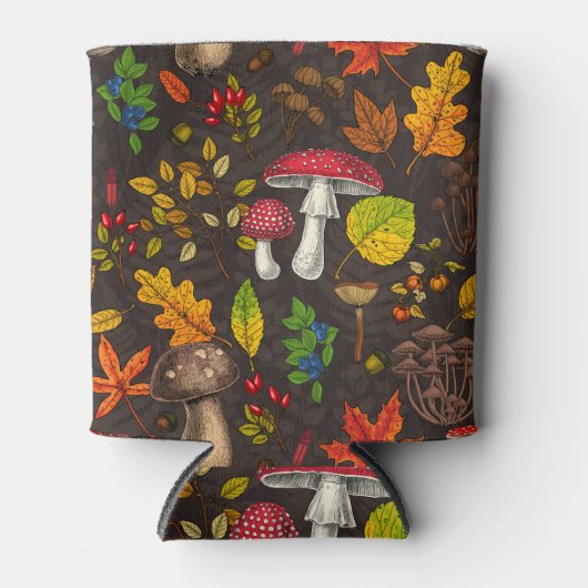 秋のキノコ葉や、木の実や果実が暗い日 缶クーラー (正面)