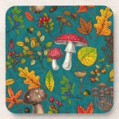 秋のキノコ葉、、ナッツ、ベリーの青 コースター (正面)