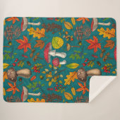 秋のキノコ葉、、ナッツ、ベリーの青 シェルパブランケット (正面(横))