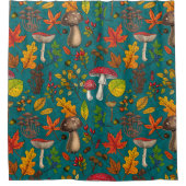 秋のキノコ葉、、ナッツ、ベリーの青 シャワーカーテン (正面)