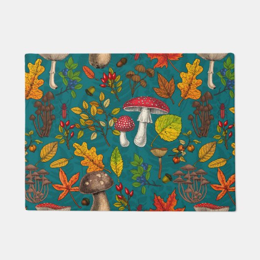 秋のキノコ葉、、ナッツ、ベリーの青 ドアマット (正面)