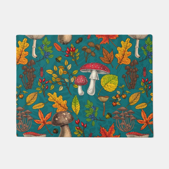 秋のキノコ葉、、ナッツ、ベリーの青 ドアマット (正面)