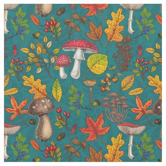 秋のキノコ葉、、ナッツ、ベリーの青 ファブリック (クローズアップ)