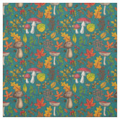 秋のキノコ葉、、ナッツ、ベリーの青 ファブリック (見本)