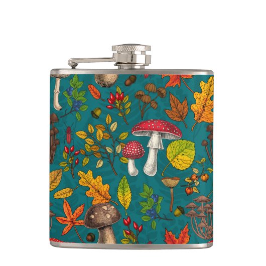 秋のキノコ葉、、ナッツ、ベリーの青 フラスク (正面)
