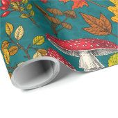 秋のキノコ葉、、ナッツ、ベリーの青 ラッピングペーパー (ロールコーナー)