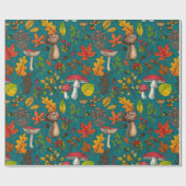 秋のキノコ葉、、ナッツ、ベリーの青 ラッピングペーパー (フラット)