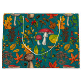 秋のキノコ葉、、ナッツ、ベリーの青 ラージペーパーバッグ (正面)