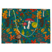 秋のキノコ葉、、ナッツ、ベリーの青 ラージペーパーバッグ (裏面)