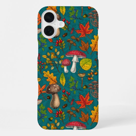 秋のキノコ葉、、ナッツ、ベリーの青 iPhoneケース (裏面)