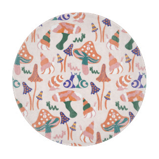 秋のキノコ、カラフルシームレスデザイン。 カッティングボード