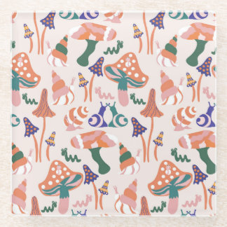 秋のキノコ、カラフルシームレスデザイン。 ガラスコースター