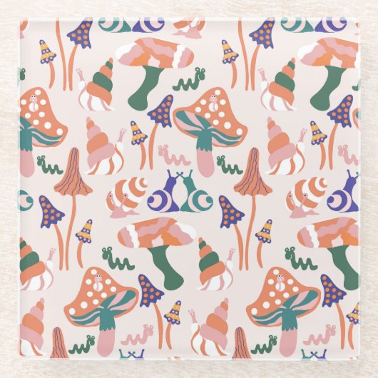 秋のキノコ、カラフルシームレスデザイン。 ガラスコースター (正面)