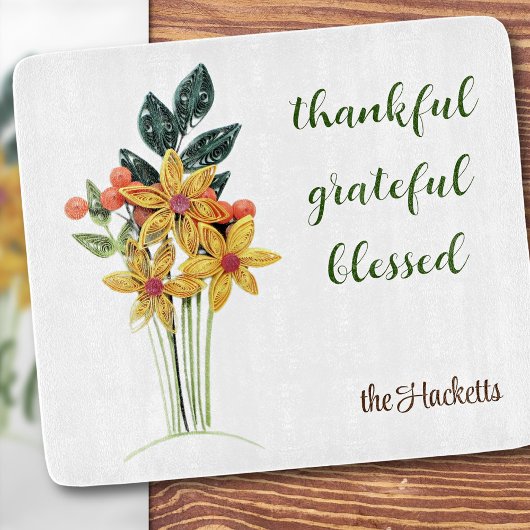 秋のクイル花プリントガラス カッティングボード