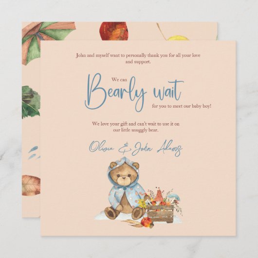 秋のクマ赤ちゃんシャワーありがとう、秋クマ サンキューカード (正面/裏面)