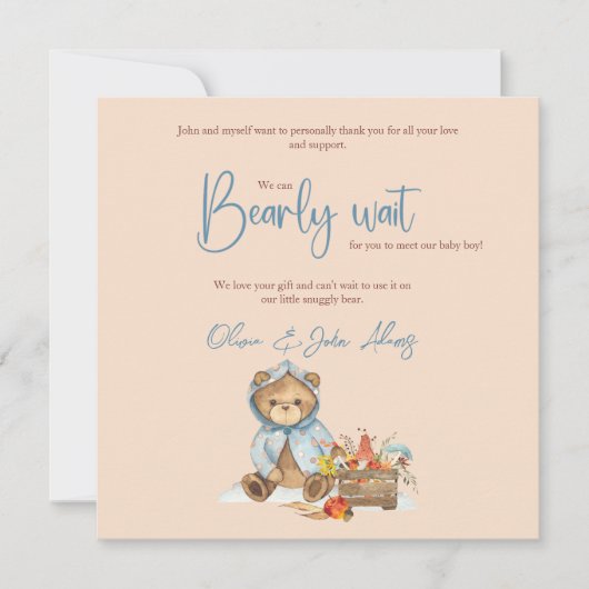 秋のクマ赤ちゃんシャワーありがとう、秋クマ サンキューカード (正面)