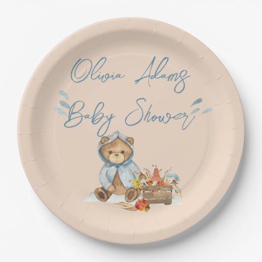 秋のクマ赤ちゃんシャワー紙プレート、心待ち ペーパープレート (正面)