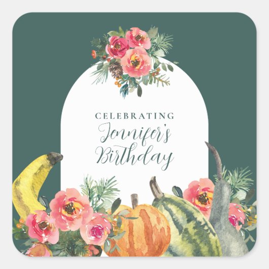 秋のグリーンカボチャのピンクフローラ誕生日パーティー スクエアシール (正面)