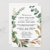 秋のグリーン葉リース秋の結婚式 招待状 (正面/裏面)