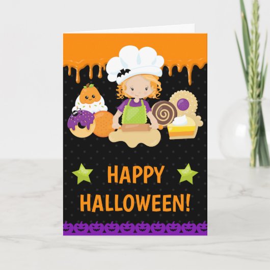秋のケーキを焼く赤毛の少女 ハッピー ハロウィン カード (正面)