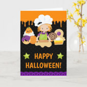 秋のケーキを焼く赤毛の少女 ハッピー ハロウィン カード (黄色い花)