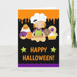 秋のケーキを焼く赤毛の少女 ハッピー ハロウィン カード