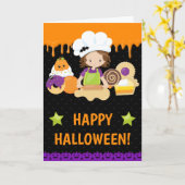 秋のケーキを焼く黒髪の少女 ハッピー ハロウィン カード (黄色い花)