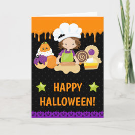 秋のケーキを焼く黒髪の少女 ハッピー ハロウィン カード