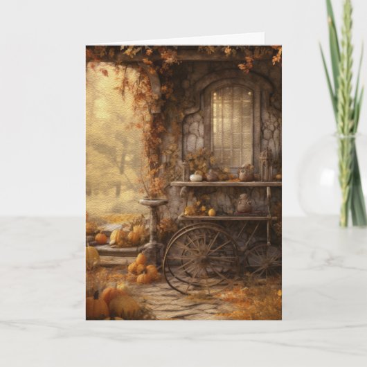 秋のコテージの森ハローフォールディング カード (正面)