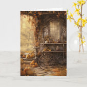 秋のコテージの森ハローフォールディング カード (黄色い花)