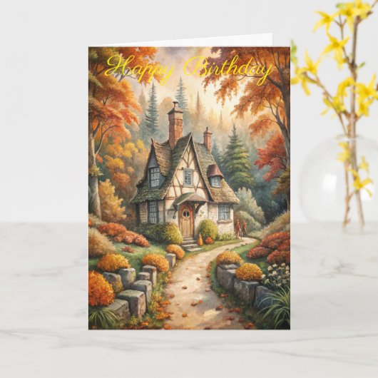 秋のコテージ秋誕生日カード カード (黄色い花)