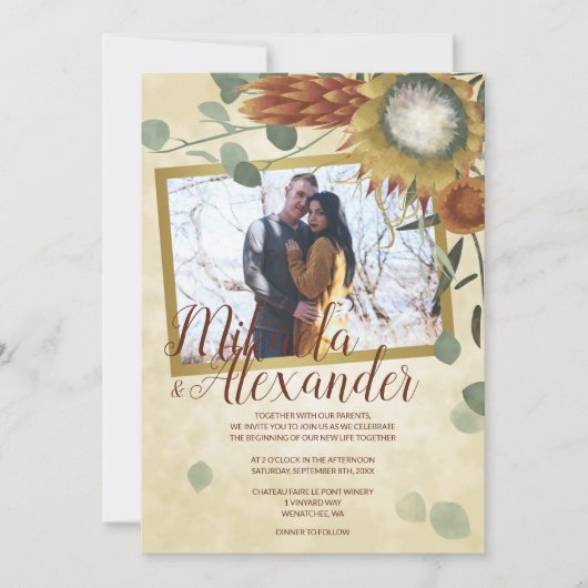 秋のゴールド、ブロンズ、セージグリーンのプロテアの結婚式 招待状 (正面)