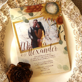 秋のゴールド、ブロンズ、セージグリーンのプロテアの結婚式 招待状